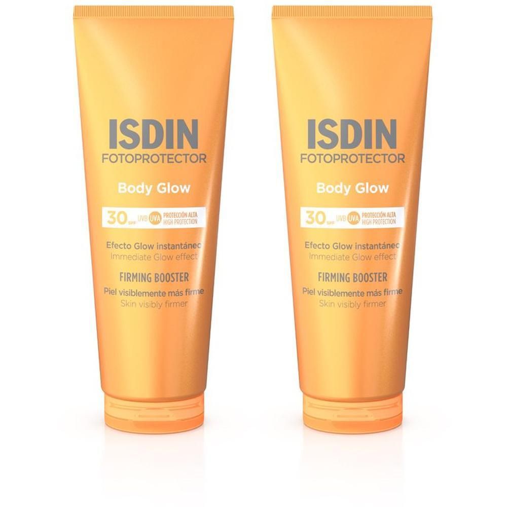 Zwei Tuben ISDIN Fotoprotector Body Glow LSF30. Orangefarbene Tuben mit weißer Schrift.