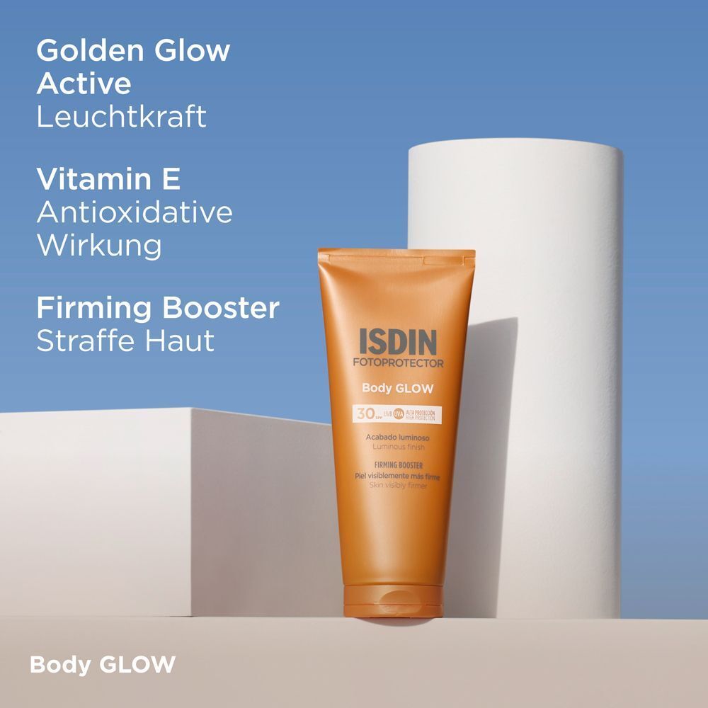 Tube ISDIN Fotoprotector Body Glow. Orangefarbene Tube mit weißer Schrift.