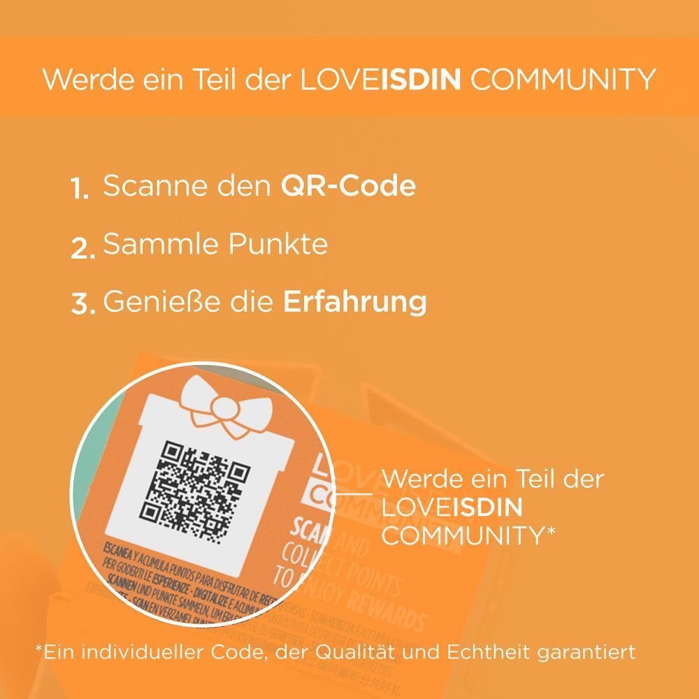 QR-Code und Text zur LOVEISDIN COMMUNITY. Scannen, Punkte sammeln, genießen.