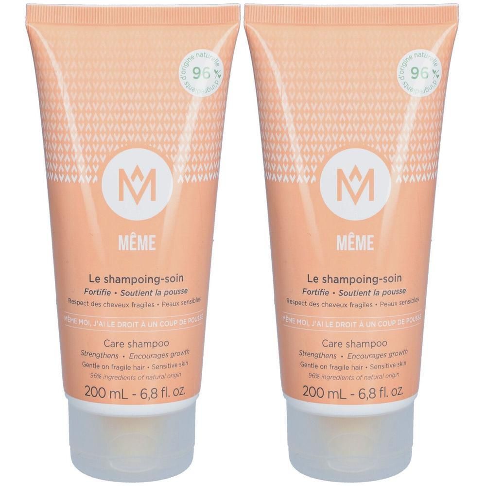 Zwei Pflegeshampoo-Tuben von MEME, je 200 ml, mit 96% natürlichen Inhaltsstoffen.