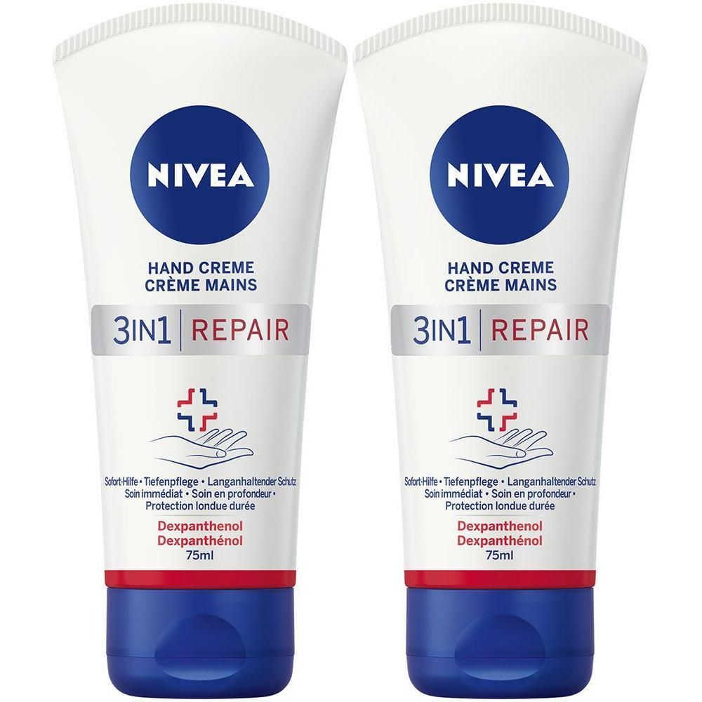 Zwei Tuben NIVEA Hand Creme. Weiß, mit blauem Deckel und Logo. Text: 3in1 Repair, Dexpanthenol. 75ml.
