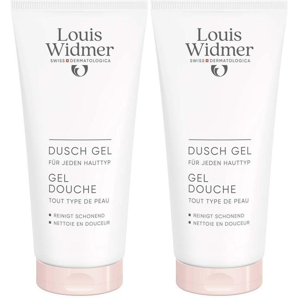 Zwei Tuben Duschgel. Weiß, mit rosa Verschluss. Aufschrift: Louis Widmer, Dusch Gel, für jeden Hauttyp, Gel Douche.