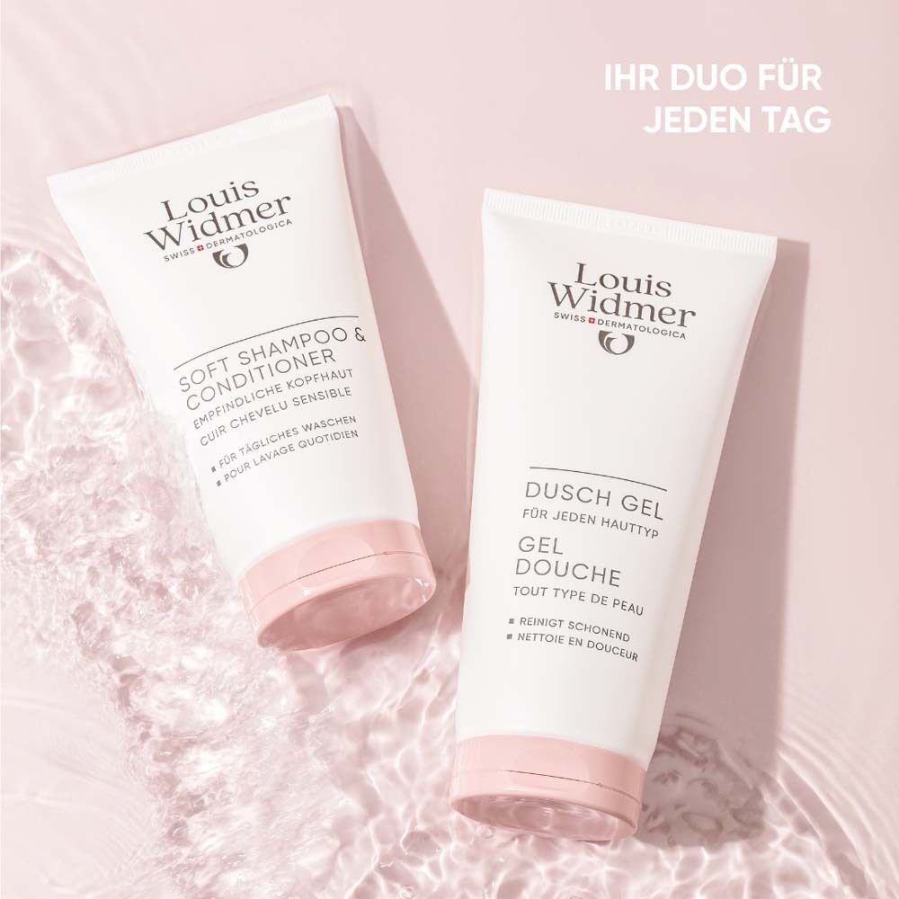 Zwei Tuben. Eine Soft Shampoo & Conditioner, eine Duschgel. Aufschrift: Louis Widmer, Dusch Gel, für jeden Hauttyp, Gel Douche.