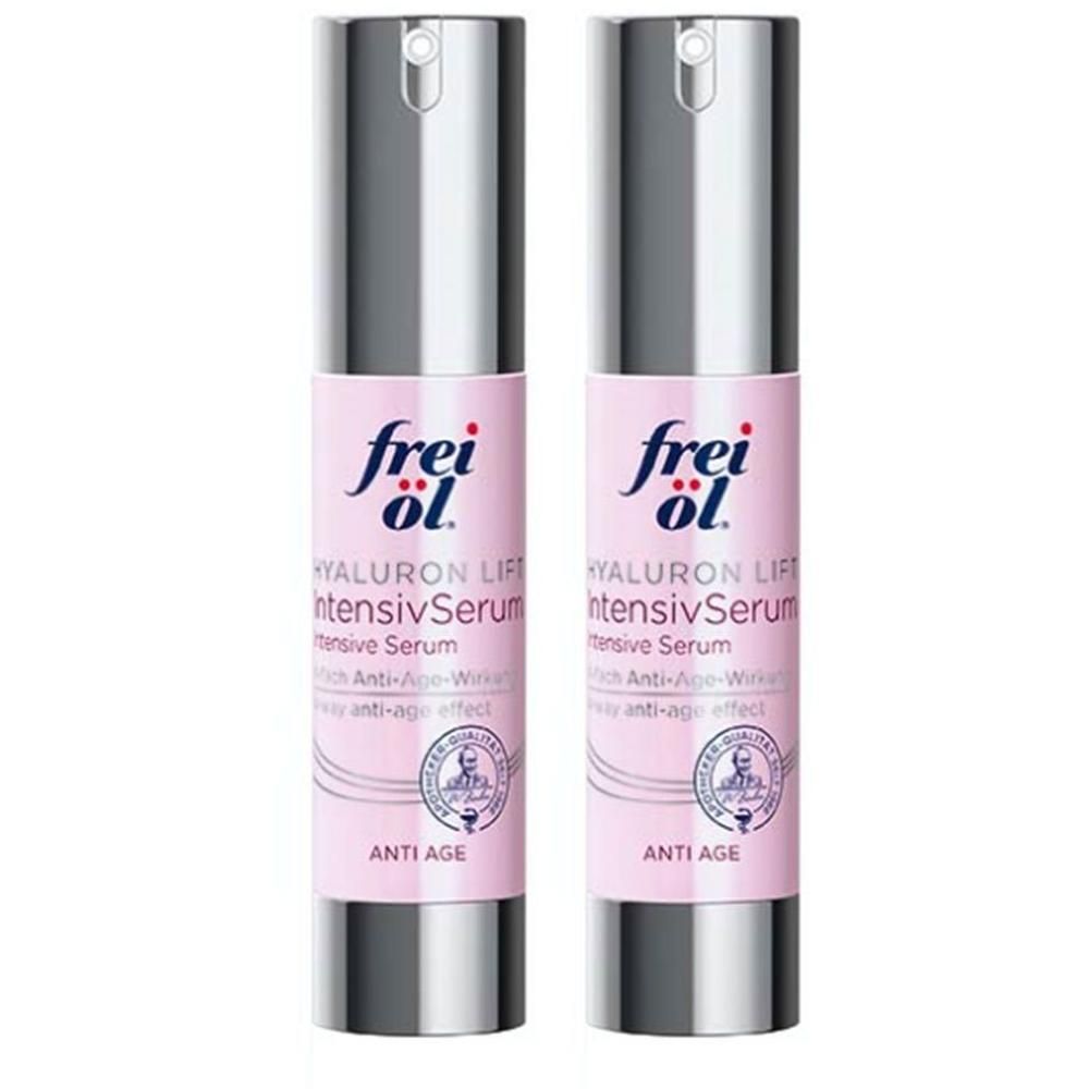 Zwei Flaschen frei öl® ANTI AGE HYALURON LIFT IntensivSerum. Rosa Etikett, silberner Deckel. Text: Hyaluron Lift, Anti-Age-Wirkung.