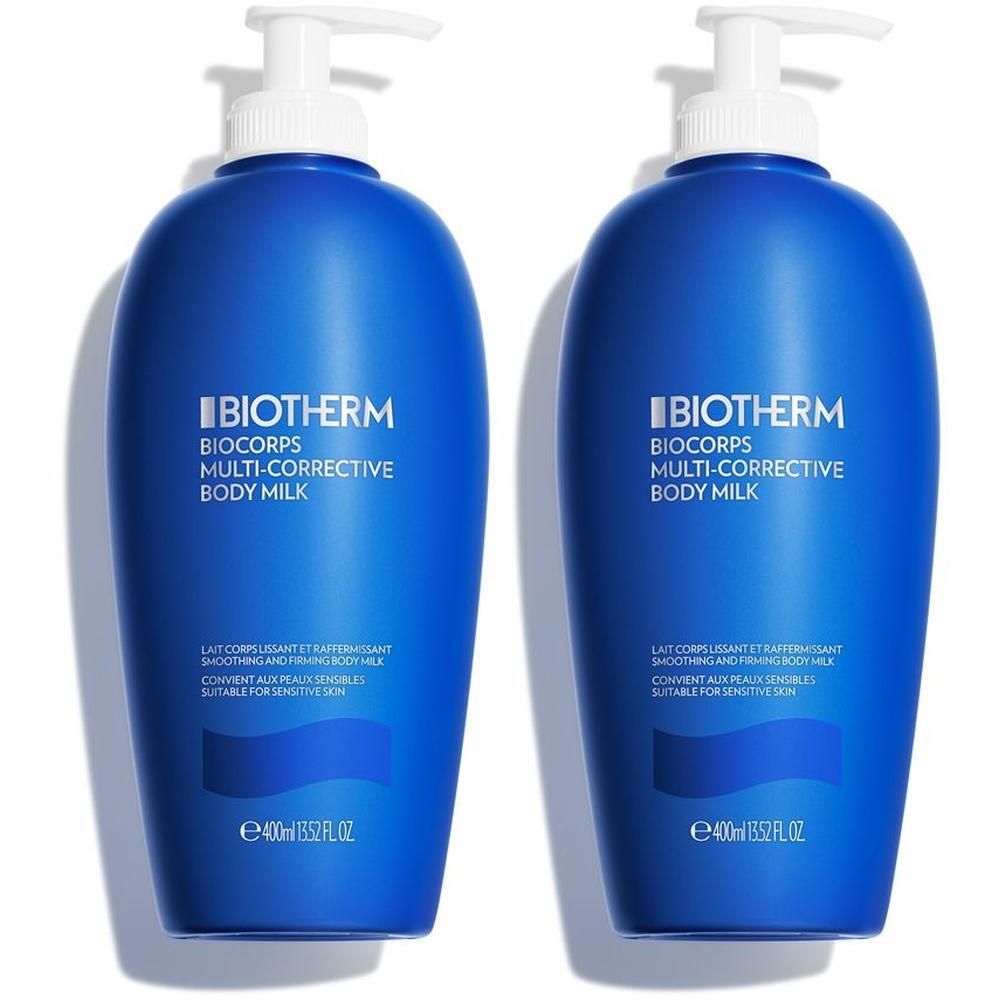 Zwei blaue Flaschen mit weißem Pumpverschluss. Aufschrift: BIOTHERM, Multi-Corrective Body Milk. 400ml.
