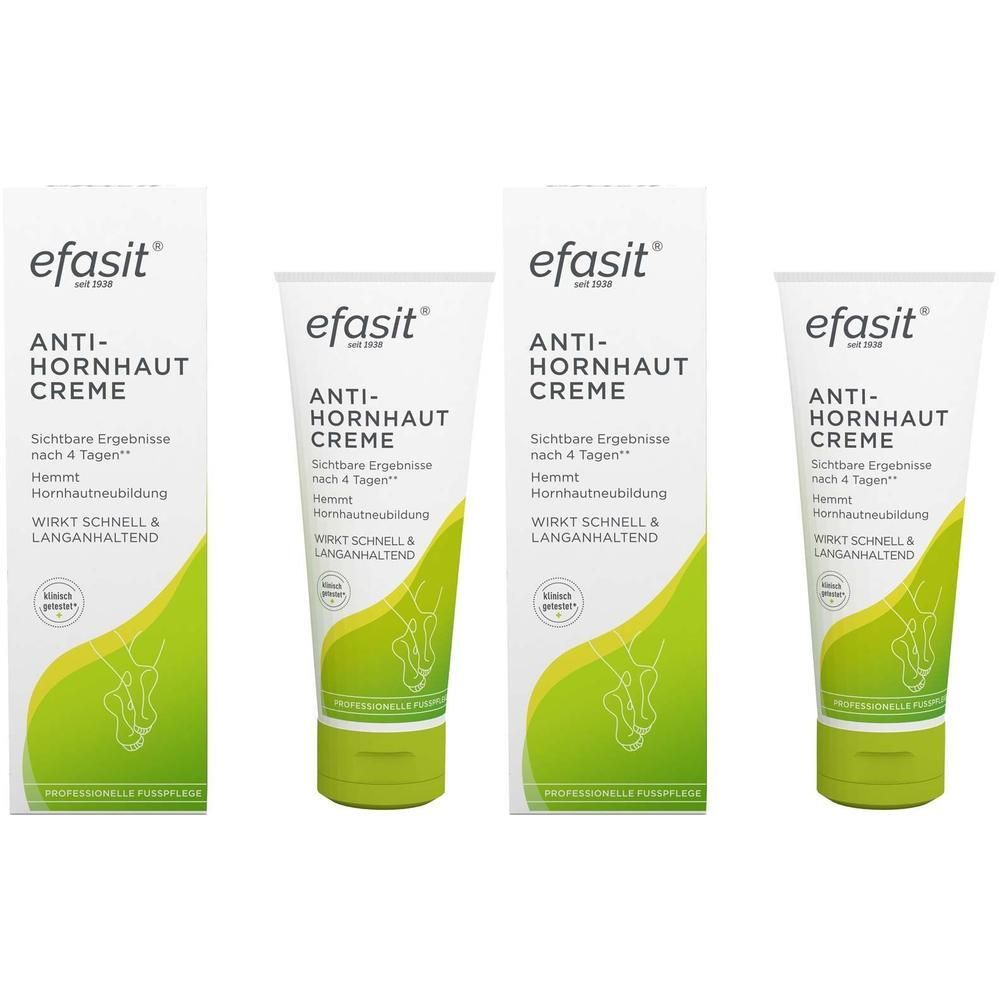 Mehrere Packungen und Tuben efasit Anti-Hornhaut Creme. Verpackungen in verschiedenen Größen. Produktname und Logo deutlich sichtbar.