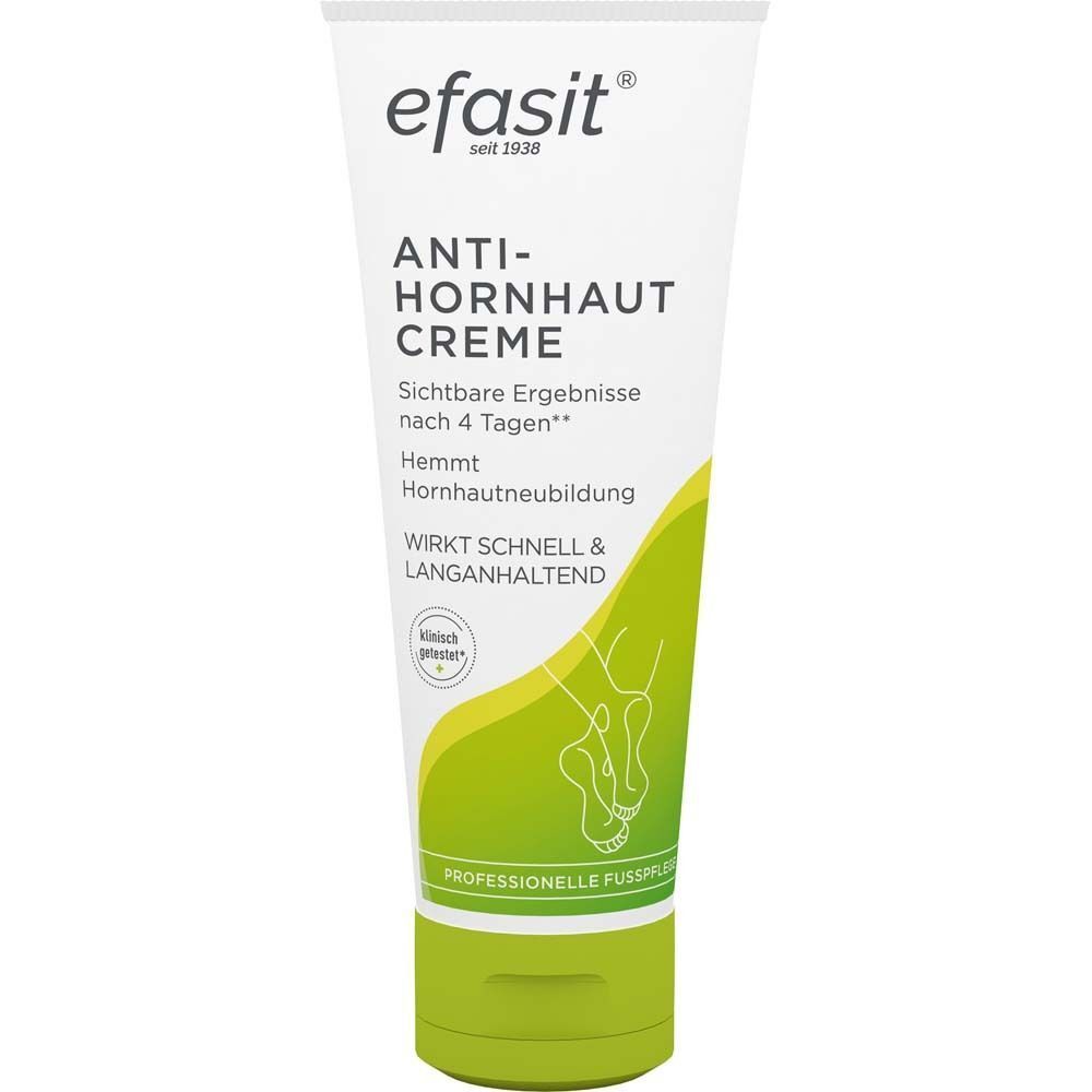 Tuba efasit Anti-Hornhaut Creme. Weiß-grüne Farbgebung. Produktname und Logo deutlich sichtbar. Klinisch getestet.