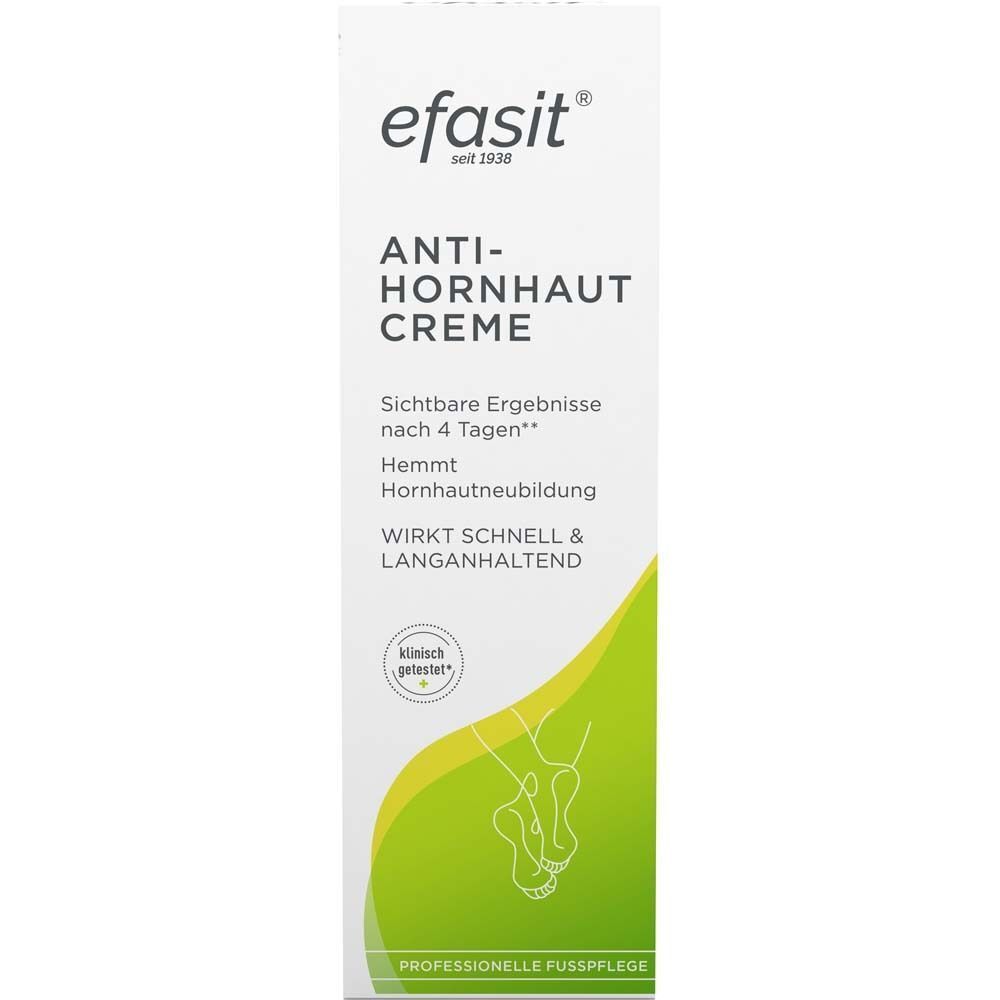 Verpackung efasit Anti-Hornhaut Creme. Weiß-grüne Farbgebung. Produktname und Logo deutlich sichtbar. Klinisch getestet.