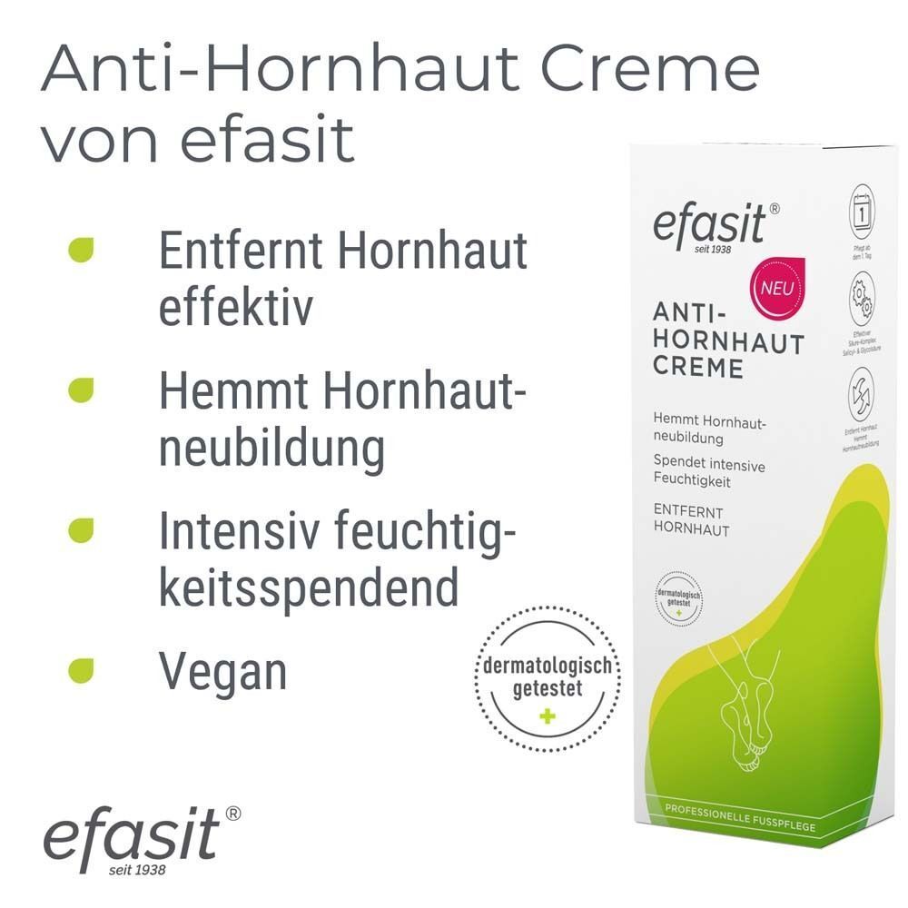 Verpackung efasit Anti-Hornhaut Creme. Text mit Produktvorteilen. Dermatologisch getestet. Logo und Produktname sichtbar.