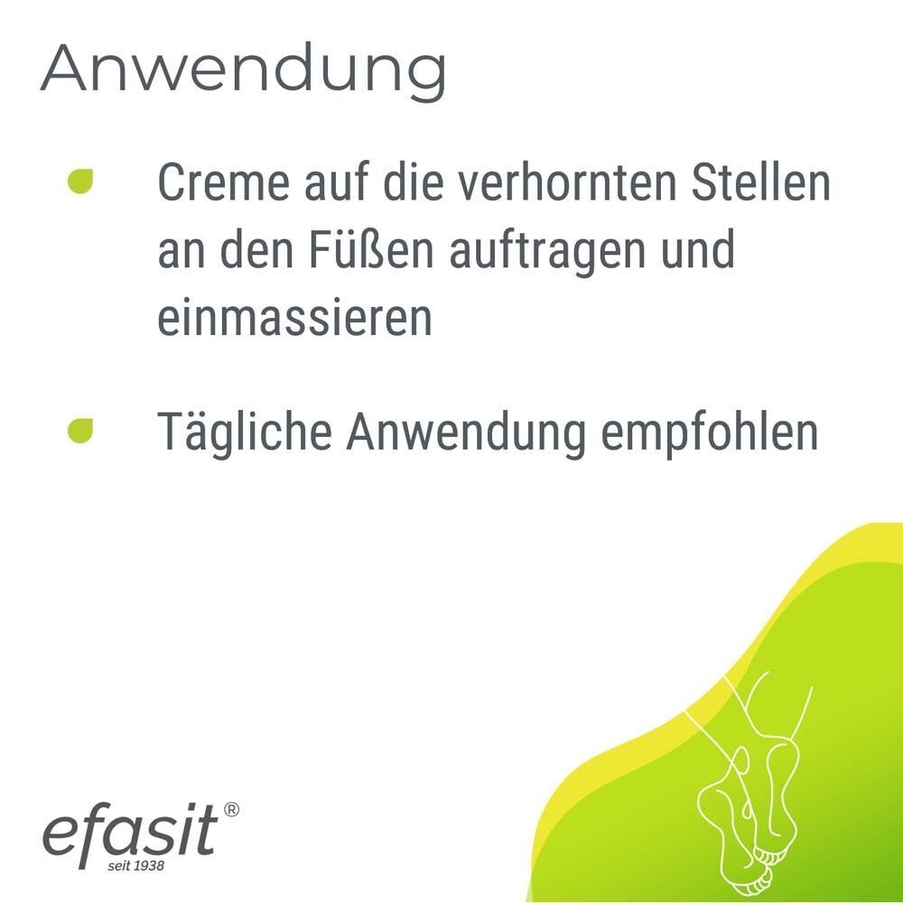 Anwendungshinweise für efasit Anti-Hornhaut Creme. Text mit Anweisungen. Logo efasit sichtbar.