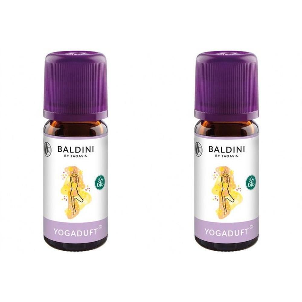 Zwei kleine Glasflaschen mit lila Deckeln. Auf den Etiketten steht "BALDINI by TAOASIS" und "YOGADUFT". Bio-Siegel.