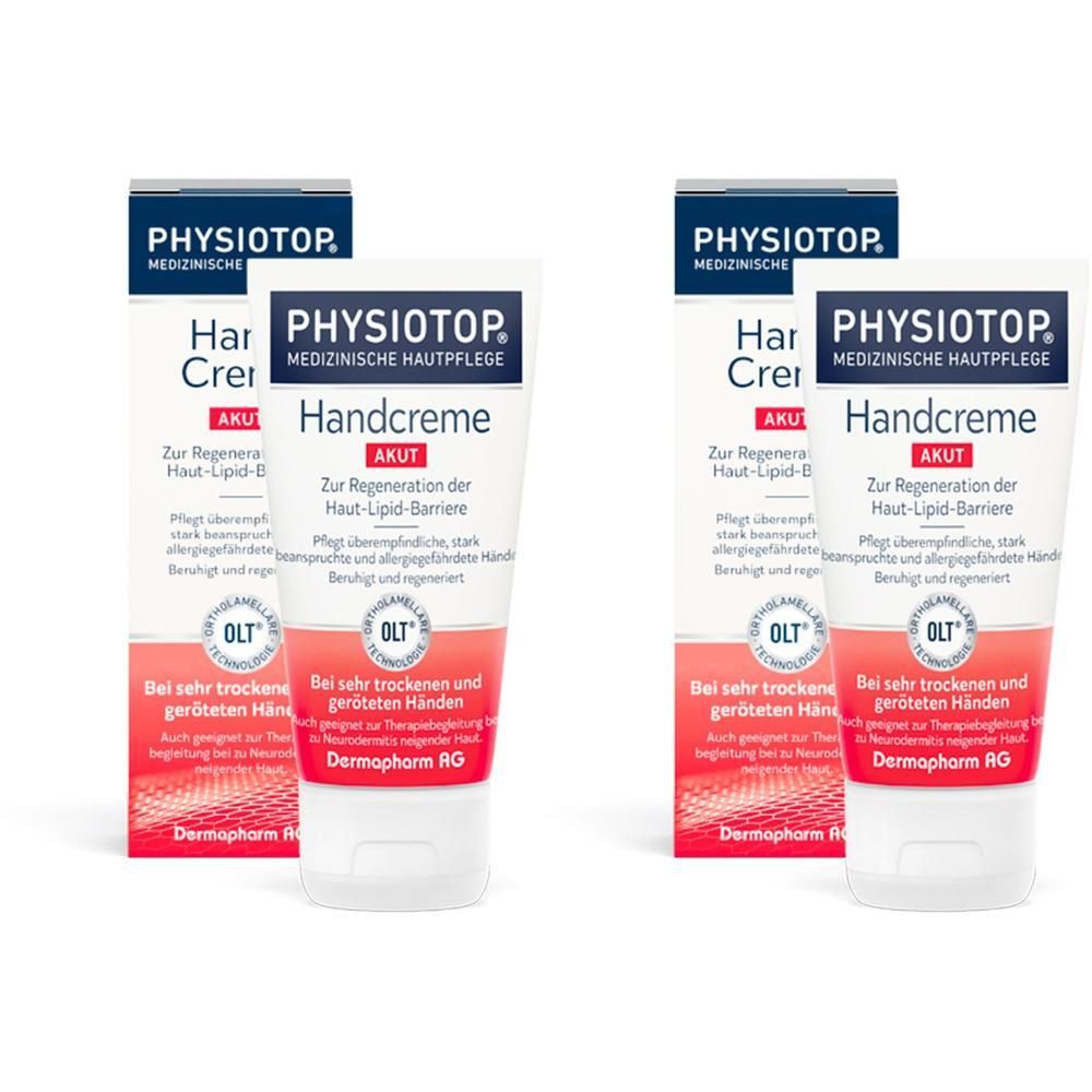 Mehrere Tuben und Faltschachteln Handcreme. Aufschrift: PHYSIOTOP, Handcreme AKUT, medizinische Hautpflege. OLT-Siegel.