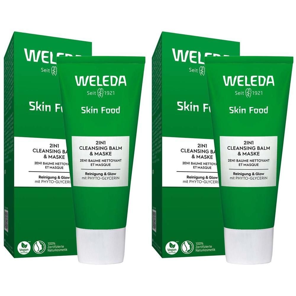 Zwei grüne Tuben und Schachteln. Aufschrift: WELEDA Skin Food 2in1 Cleansing Balm & Maske. Vegan-Siegel.