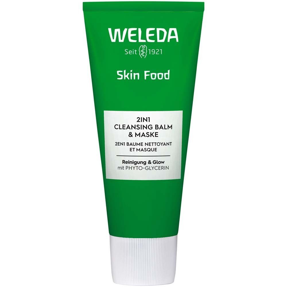 Grüne Tube. Aufschrift: WELEDA Skin Food 2in1 Cleansing Balm & Maske. Reinigt & Glow mit Phyto-Glycerin.