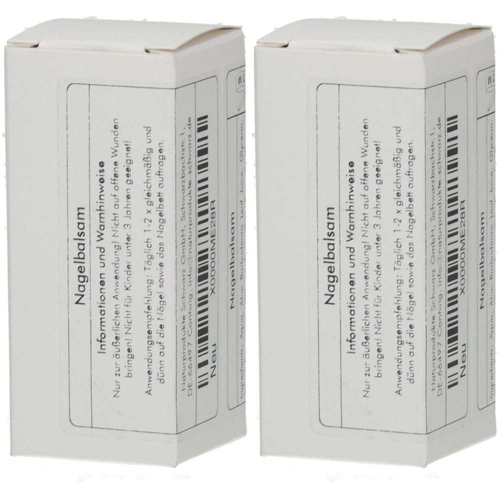 Zwei weiße Kartons mit Produktinformationen. Aufschrift: Nagelbalsam. Text in deutscher Sprache. Neu-Aufkleber.
