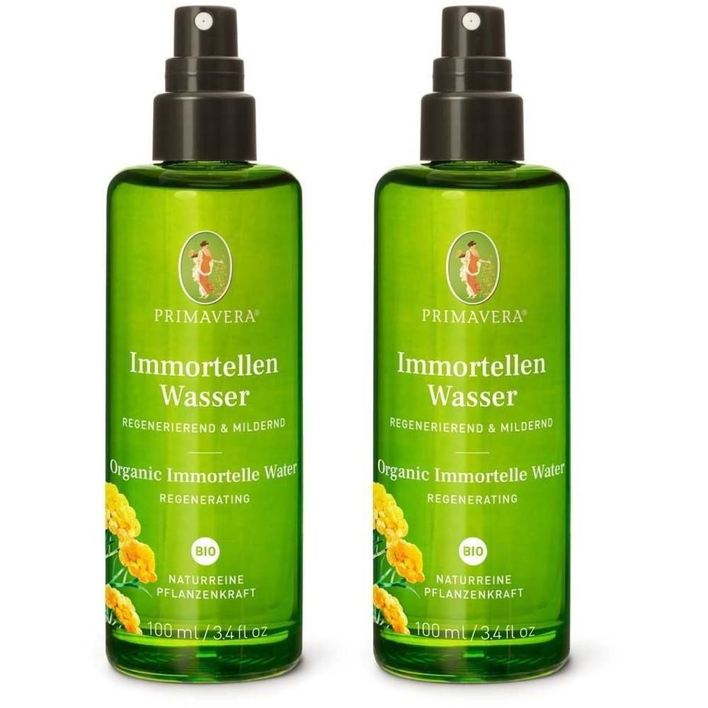 Zwei grüne Sprühflaschen mit schwarzem Sprühkopf. Aufschrift: Immortellen Wasser, Organic Immortelle Water, BIO-Siegel.