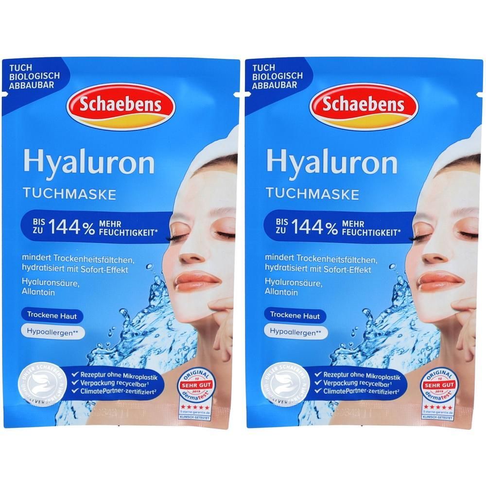 Zwei blaue Schaebens Hyaluron Tuchmasken-Verpackungen. Aufdrucke: Hyaluron, bis zu 144% mehr Feuchtigkeit, Trockene Haut, Hypoallergen.