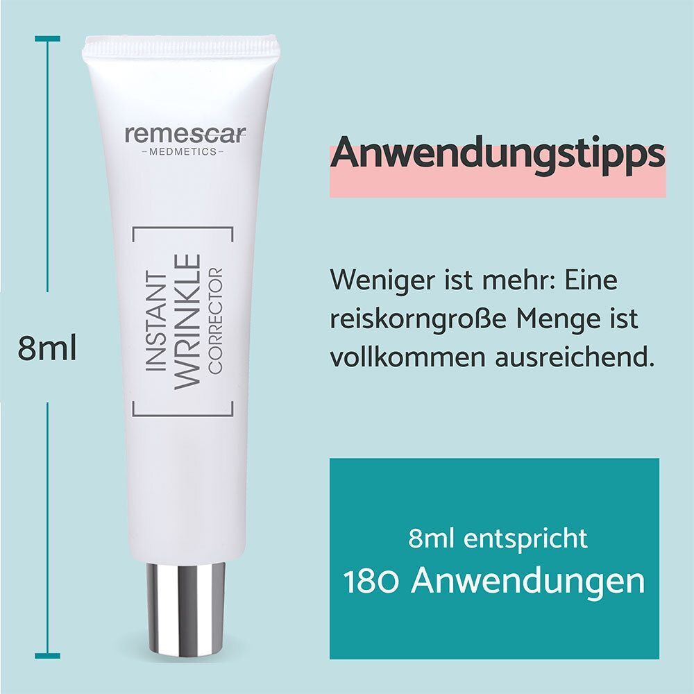 Tube mit 8ml Instant Wrinkle Corrector. Anwendungstipps: Eine reiskorngroße Menge ist ausreichend.