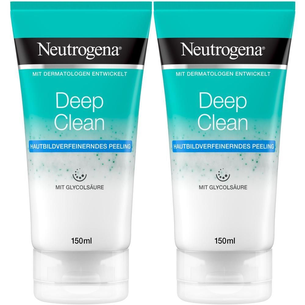 Zwei Tuben Neutrogena Deep Clean Peeling. Türkis-weißes Design mit Produktnamen und Inhaltsangabe. 150ml.