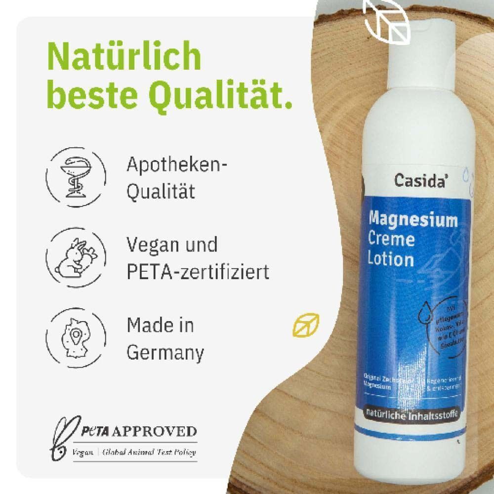 Eine Flasche Casida® Magnesium Creme Lotion. Text: Apotheken-Qualität, Vegan und PETA-zertifiziert, Made in Germany.