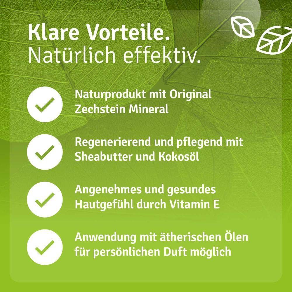 Text: Naturprodukt mit Original Zechstein Mineral, regenerierend mit Sheabutter und Kokosöl, angenehmes Hautgefühl durch Vitamin E.