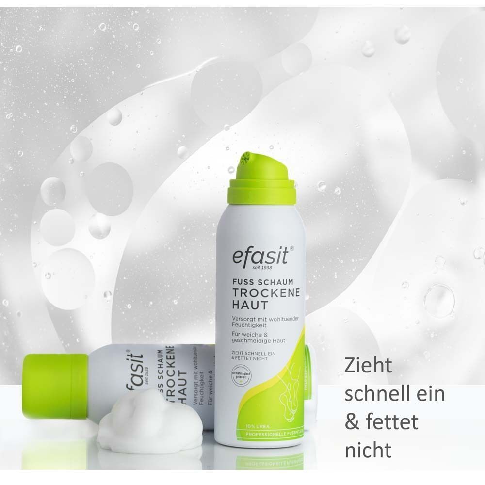 Zwei weiße Sprühdosen mit grünem Deckel und Schaum. Text: Zieht schnell ein & fettet nicht. Produktabbildung.