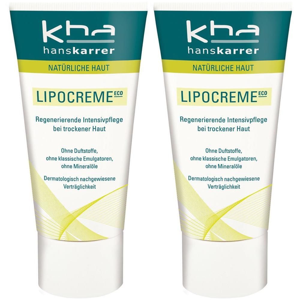 Zwei Tuben Lipocreme Eco. Aufschrift: kha hanskarrer, NATÜRLICHE HAUT, LIPOCREME ECO, Regenerierende Intensivpflege bei trockener Haut.