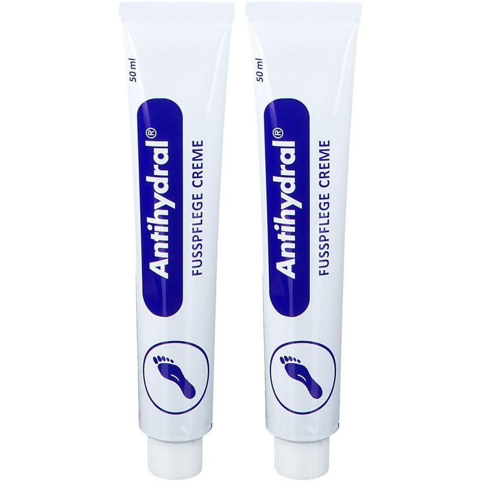 Zwei weiße Tuben mit blauen Streifen. Aufschrift: Antihydral® Fußpflege Creme. Fußsymbol.