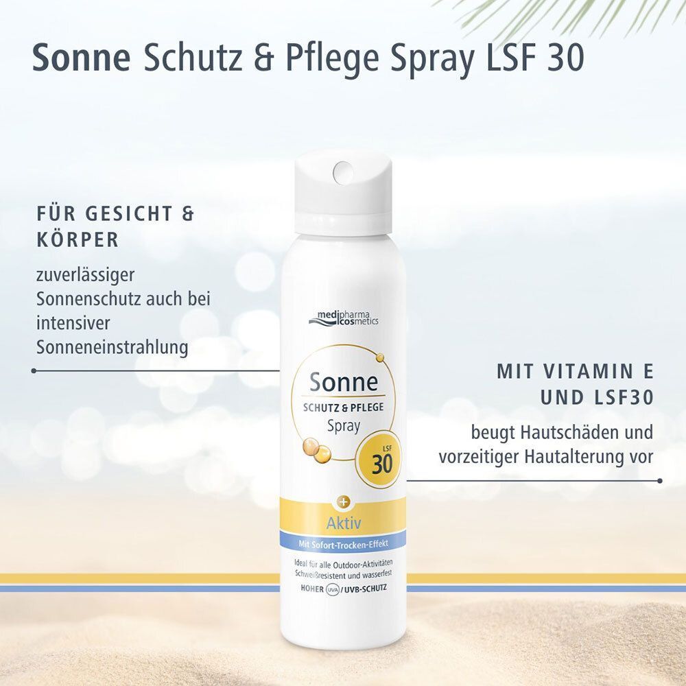 Weißes Aerosolspray mit weißem Deckel. Aufschrift: Sonne Schutz & Pflege Spray LSF 30. Marke: medipharma cosmetics. Text: Für Gesicht & Körper.