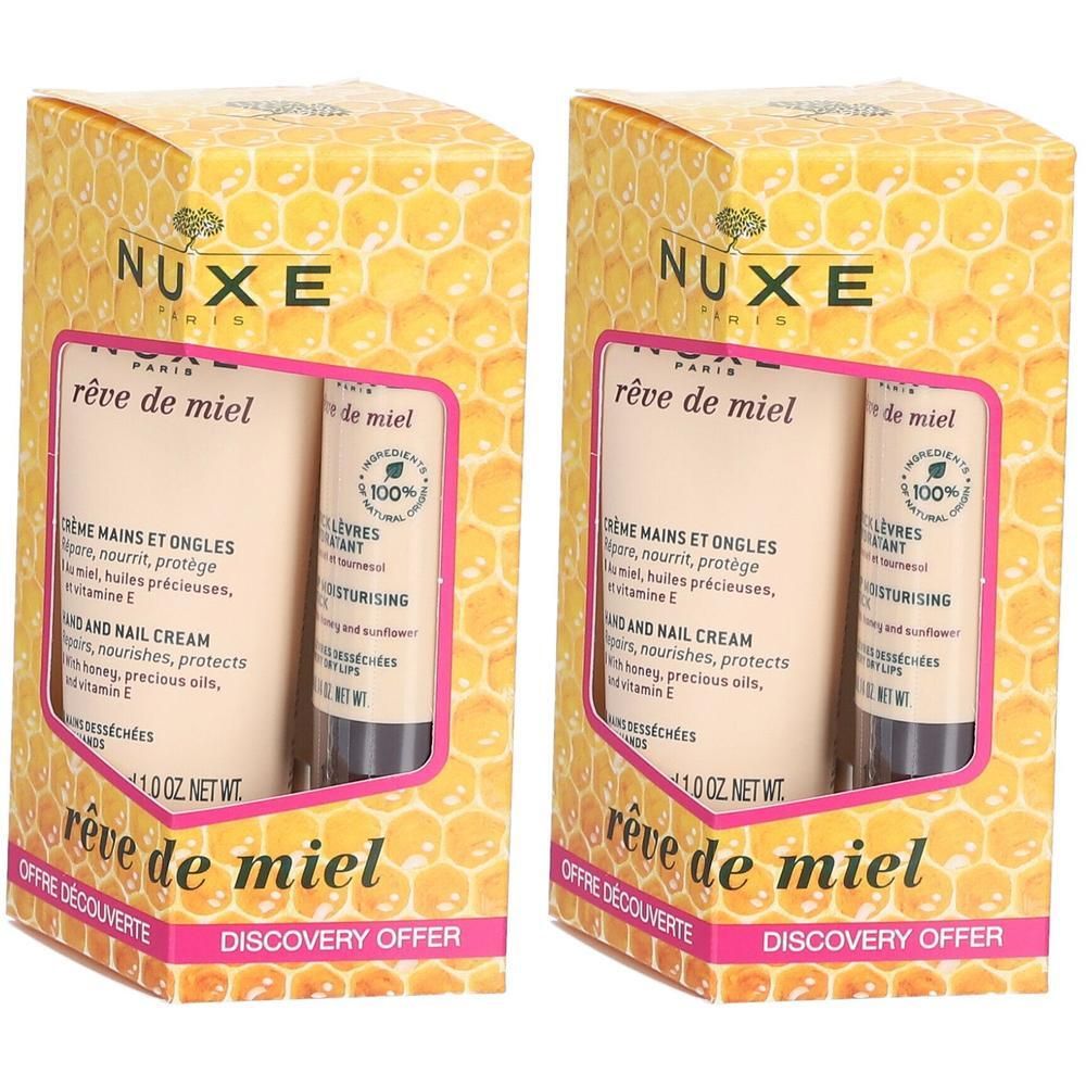 Geschenkset mit zwei Produkten. Verpackung mit Honigwabenmuster. Enthält Hand- und Nagelcreme sowie Lippenbalsam. Marke NUXE.