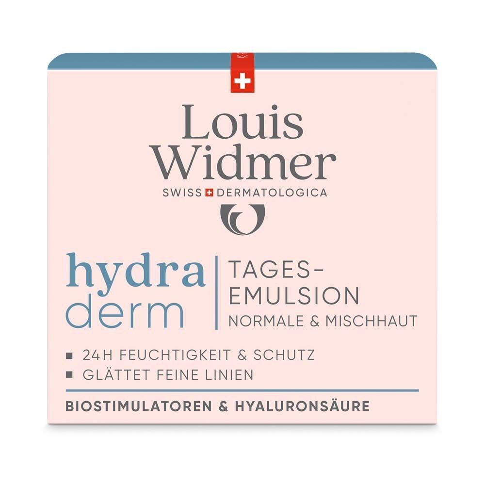 Verpackung von Louis Widmer hydra derm Tagesemulsion. Rosa Hintergrund mit weißer Schrift. Text: hydra derm, Tagesemulsion, Normale & Mischhaut.