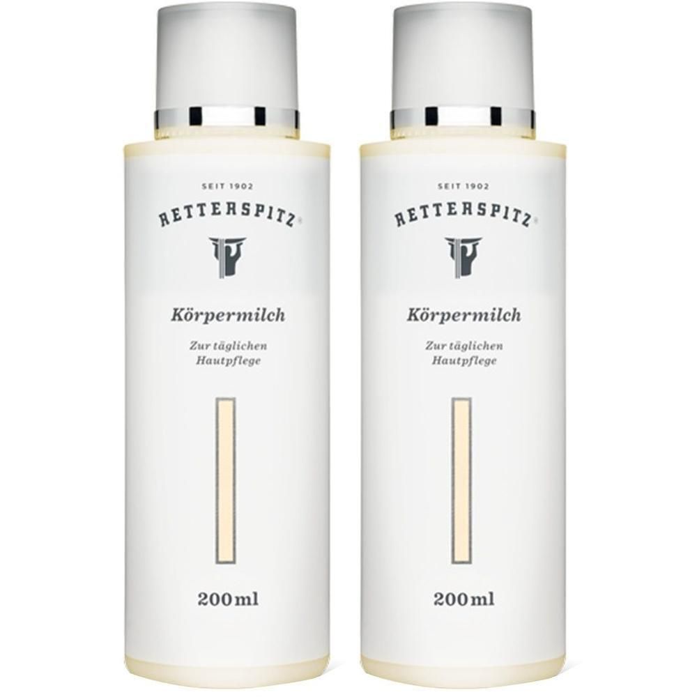 Zwei weiße Flaschen mit silbernen Verschlüssen. Aufschrift: RETTERSPITZ Körpermilch, 200ml. Für tägliche Hautpflege.