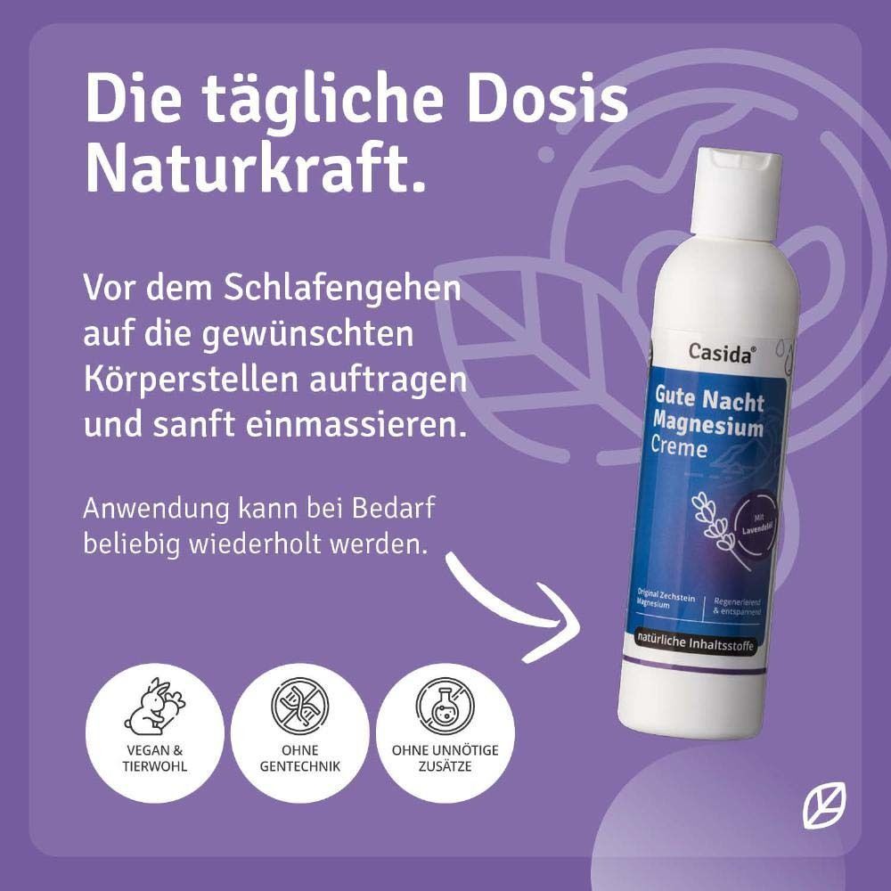 Eine weiße Flasche Casida® Gute Nacht Magnesium Creme. Anwendung: Vor dem Schlafengehen auftragen und einmassieren. Vegan & tierwohl.