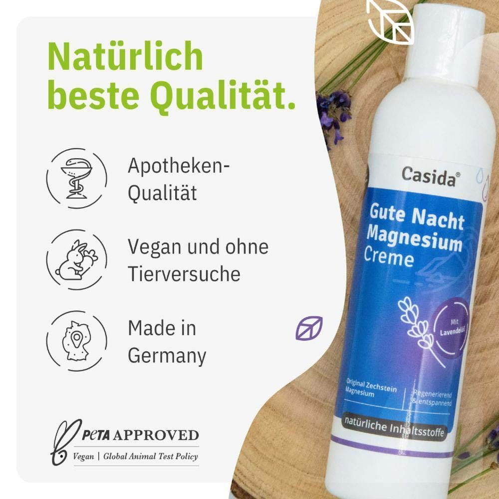 Eine weiße Flasche Casida® Gute Nacht Magnesium Creme. Apotheken-Qualität, vegan und ohne Tierversuche, hergestellt in Deutschland. PETA-Logo.