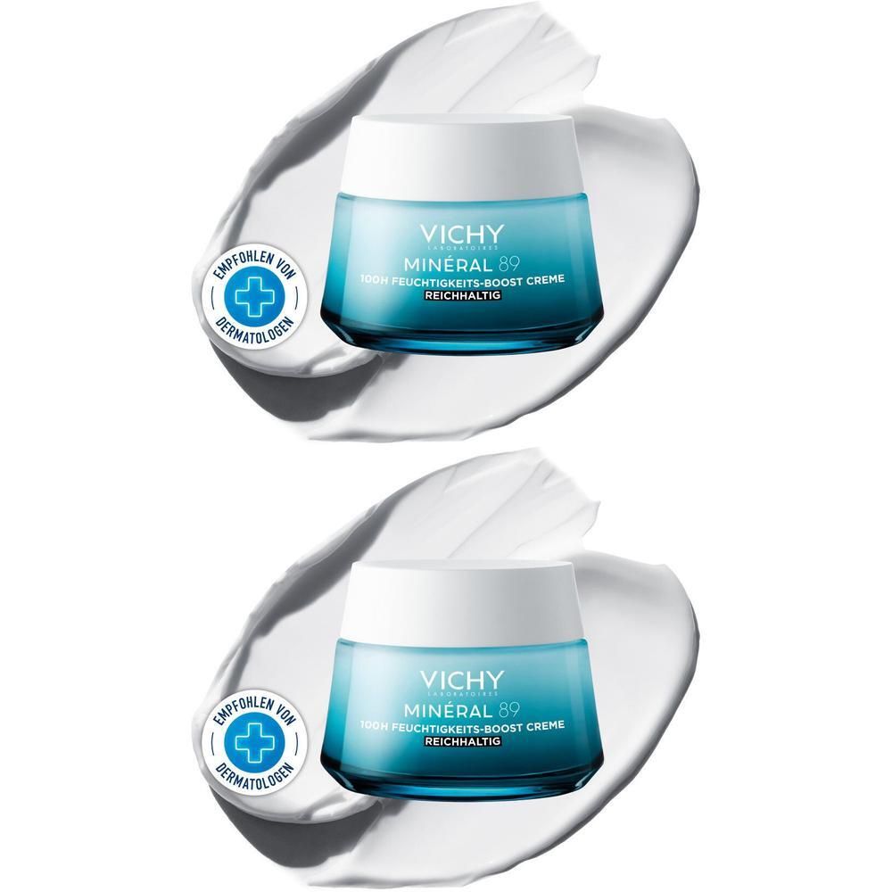 Zwei Tiegel VICHY MINERAL 89 Creme. Blaue Gläser mit weißem Deckel, umgeben von Creme. Mit Dermatologen-Empfehlung.