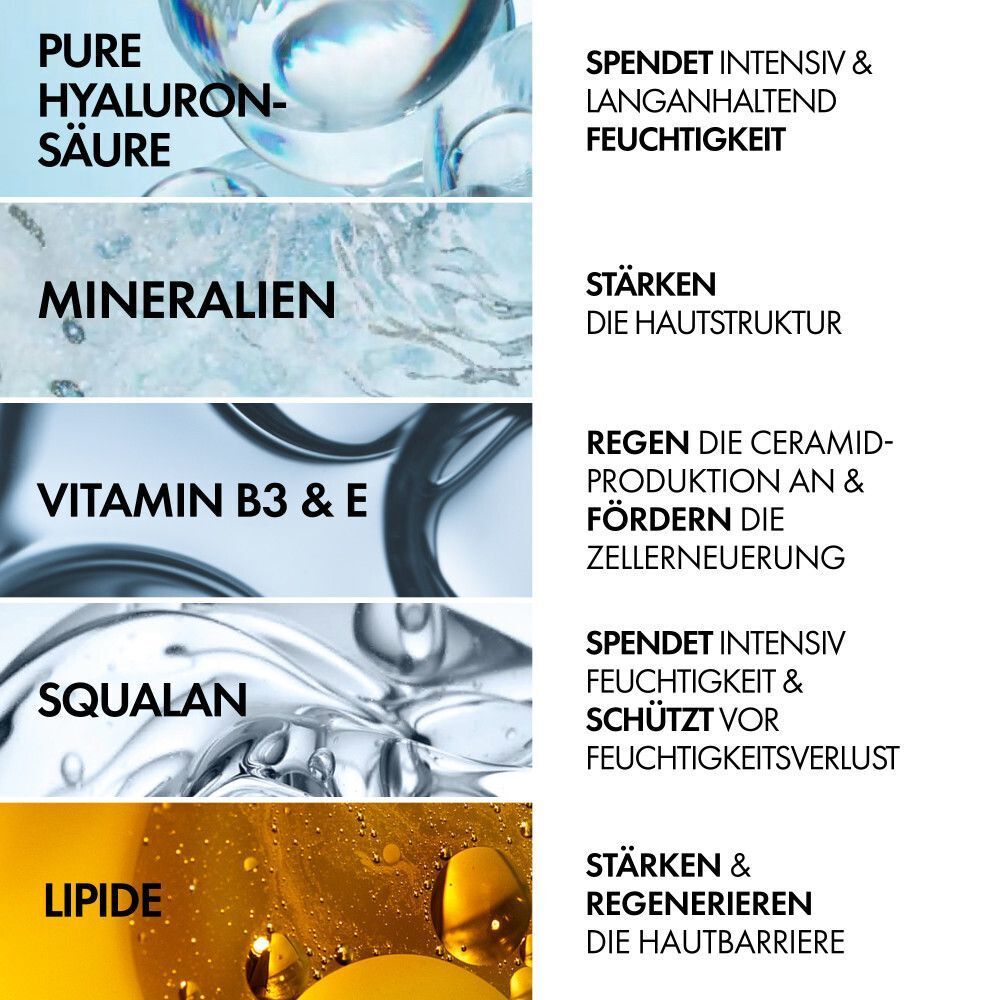 Grafik mit Inhaltsstoffen: Hyaluronsäure, Mineralien, Vitamin B3 & E, Squalen, Lipide. Beschreibungen der Wirkung.