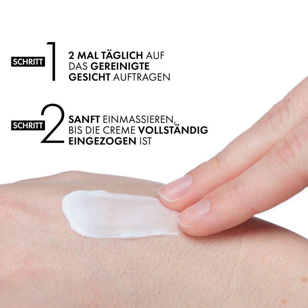 Anwendungsschritte: 1. Gesicht reinigen, 2. Creme auftragen und einmassieren. Hand mit Creme.