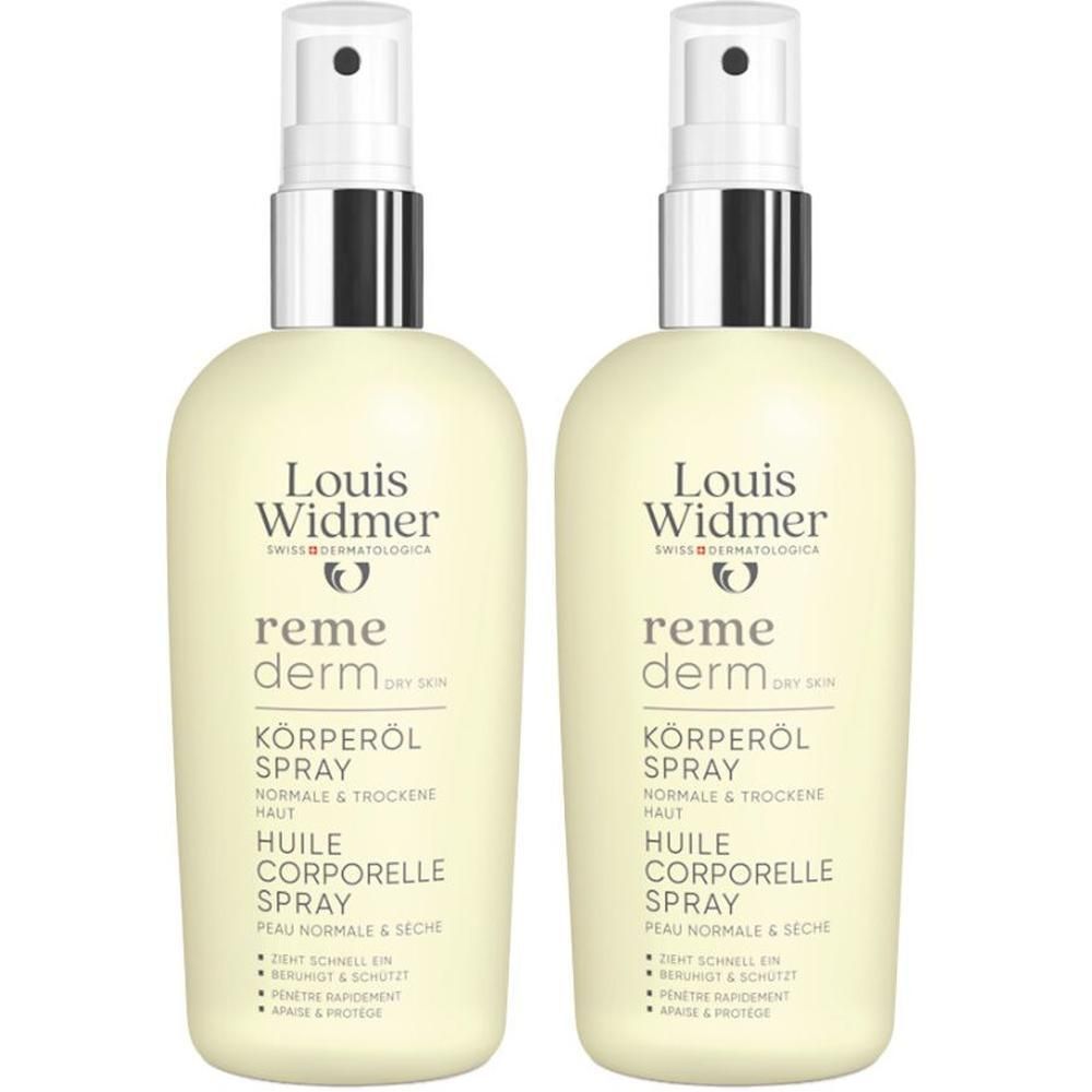 Zwei Flaschen Louis Widmer Remederm Körperöl Spray. Weiße Flaschen mit Sprühkopf. Produktbezeichnung und Logo sichtbar.