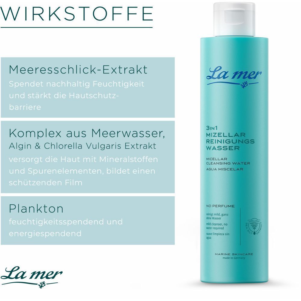 Flasche mit türkisfarbener Flüssigkeit. Text: La mer, 3in1 Mizellenreinigungs-Wasser. Text: Wirkstoffe, Meeresschlick-Extrakt, Komplex aus Meerwasser.
