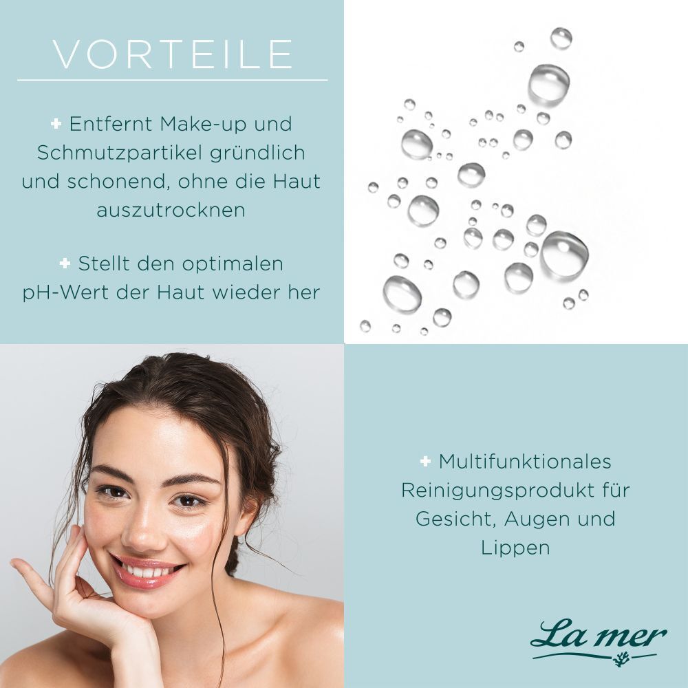Frau berührt ihr Gesicht. Text: Vorteile, entfernt Make-up, stellt pH-Wert wieder her. Wassertropfen. Text: Multifunktionales Reinigungsprodukt.