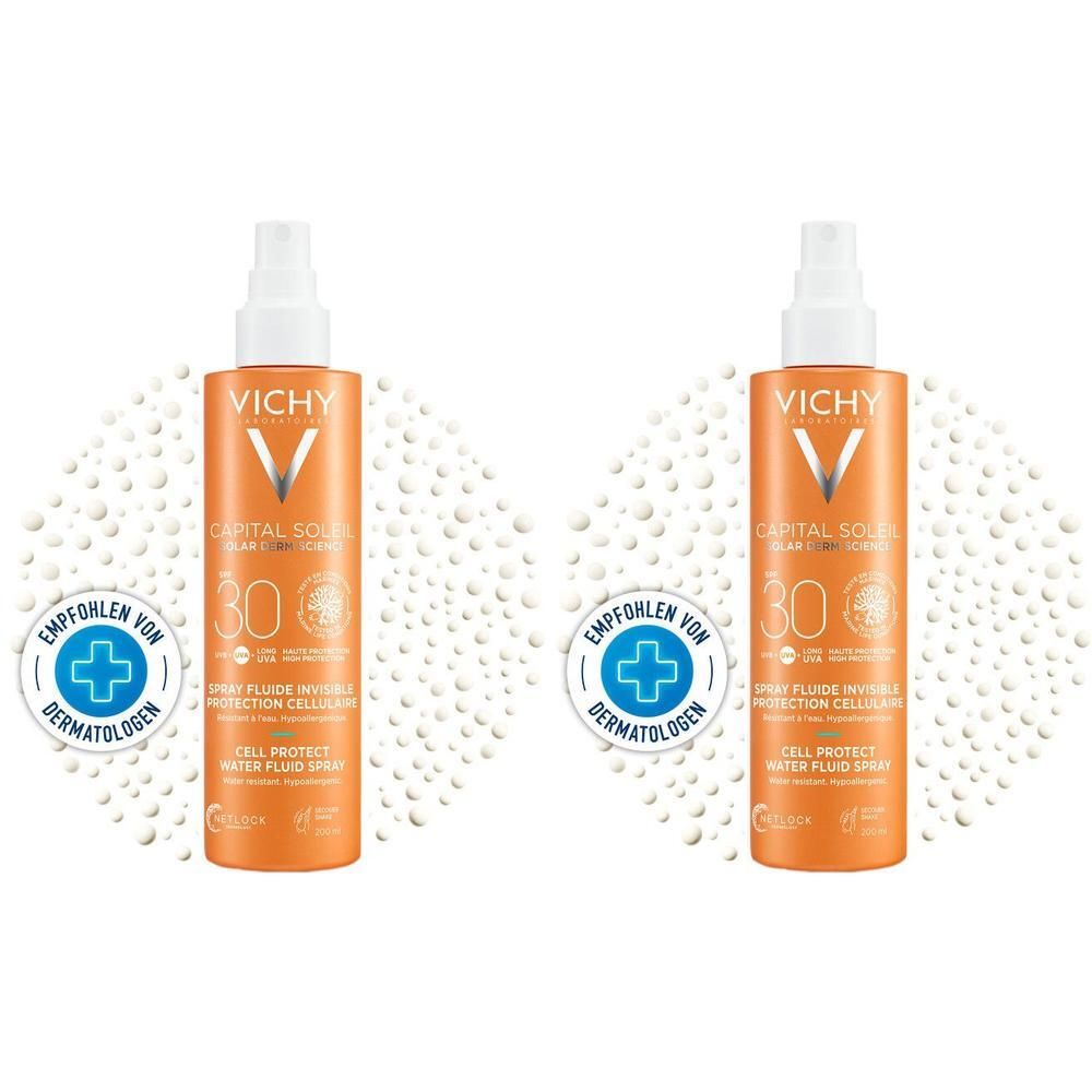 Zwei orangefarbene Sprühflaschen mit weißem Sprühkopf. Aufschrift: Vichy, Capital Soleil, LSF 30. Mit Dermatologen-Siegel.