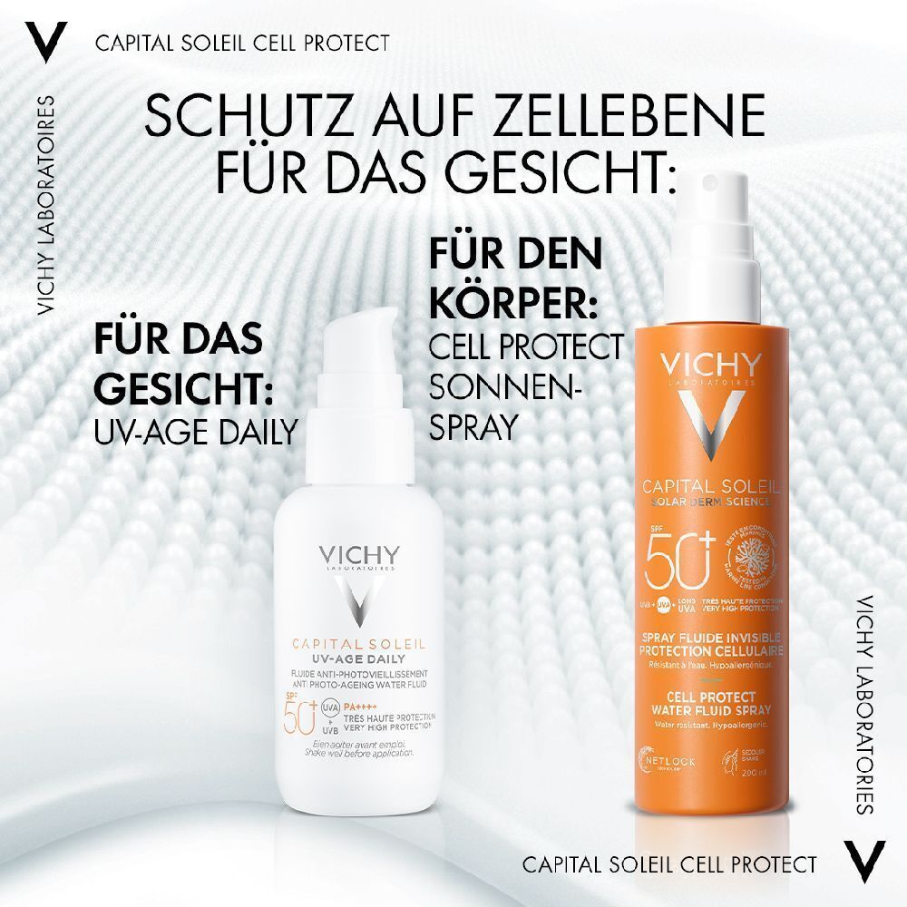Zwei Flaschen: Vichy UV-Age Daily und Cell Protect Sonnenspray. Text: SCHUTZ AUF ZELLEBENE FÜR DAS GESICHT.