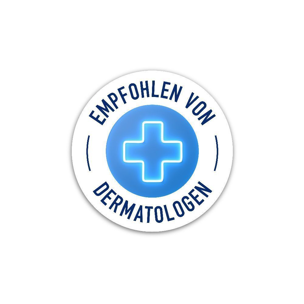 Rundes Siegel mit blauem Kreuz und Text: EMPFOHLEN VON DERMATOLOGEN.