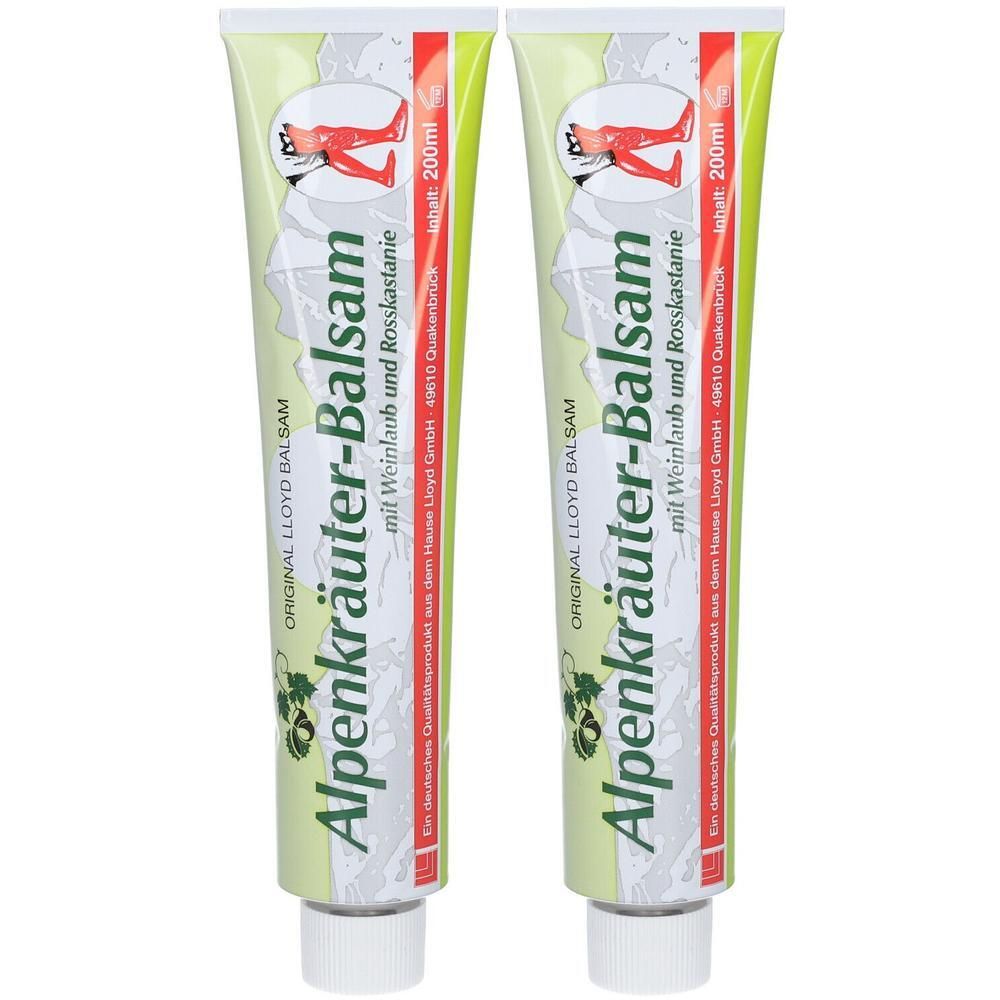 Zwei Tuben Alpenkräuter-Balsam. Grün-weißes Design mit Produktnamen und Inhaltsangabe. 200ml. Original Lloyd Balsam.