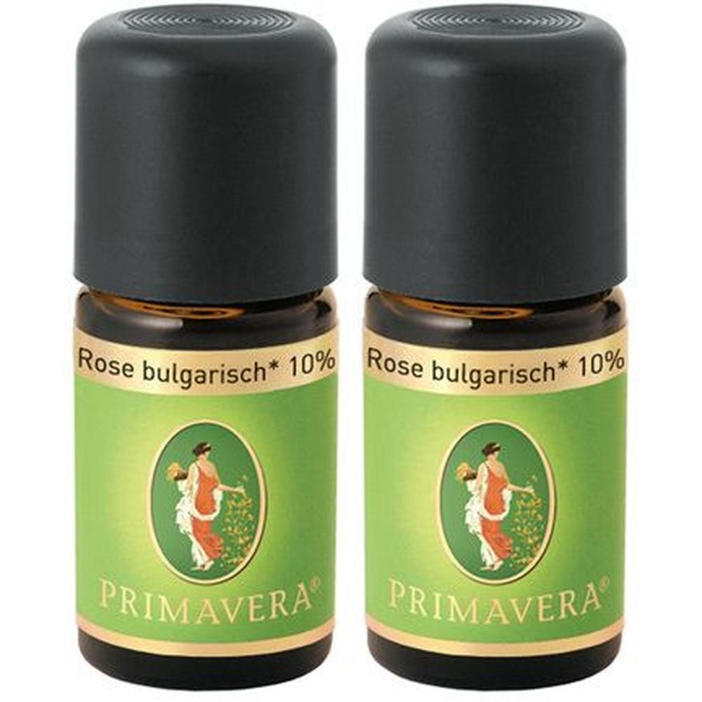 Zwei kleine Glasflaschen mit schwarzem Deckel. Aufschrift: Rose bulgarisch* 10%. Logo und Markenname Primavera auf grünem Etikett.