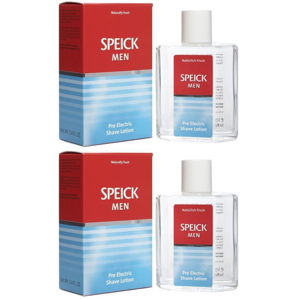 Zwei Flaschen und zwei Kartons. Aufschrift: SPEICK MEN Pre Electric Shave Lotion. Rote und blaue Verpackung.
