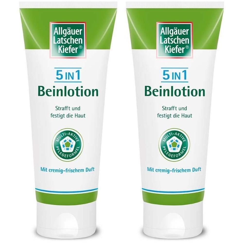 Zwei Tuben Beinlotion mit grün-weißem Design. Aufschrift: Allgäuer Latschenkiefer, 5 in 1 Beinlotion. Multi-aktive Pflegeformel.