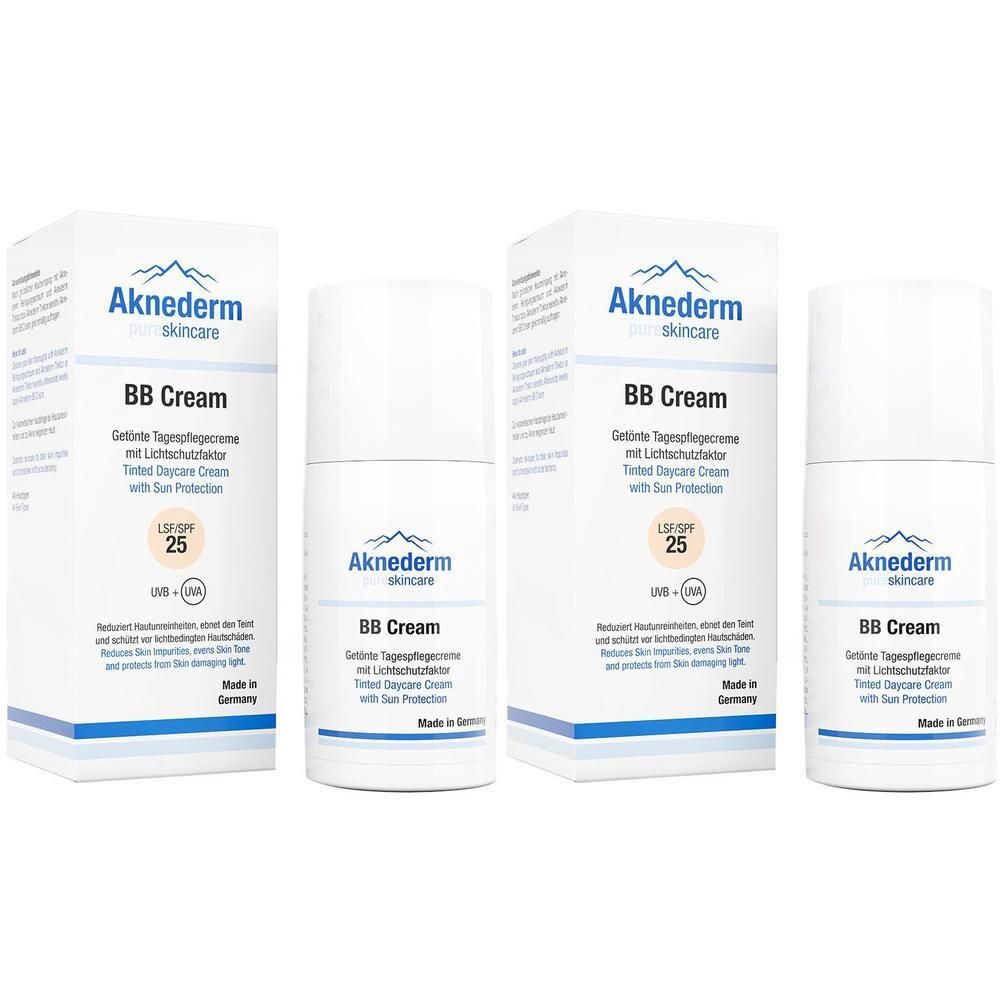 Aknederm BB Cream mit LSF 25, in Verpackung. Flaschen und Kartons nebeneinander. Text: BB Cream, getönt, Tagespflege.