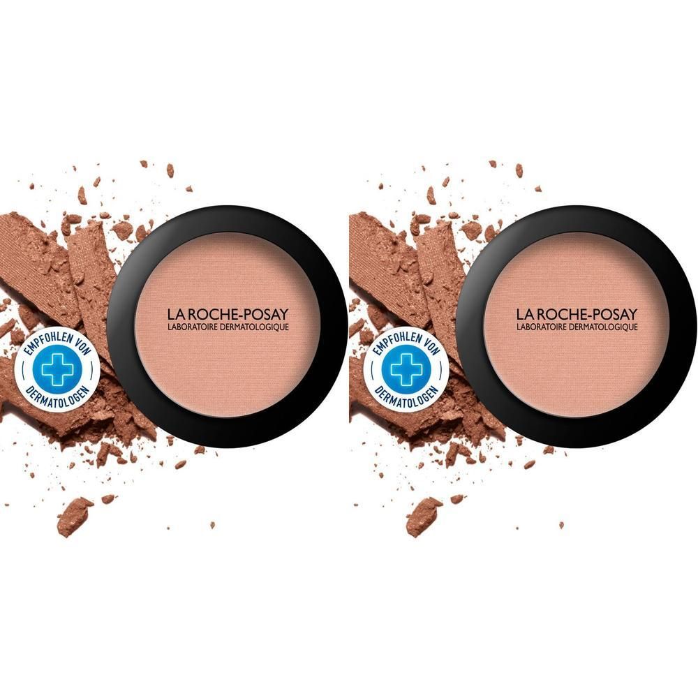 Zwei runde Blush-Kompaktdosen mit schwarzem Rand. Aufschrift: La Roche-Posay. Empfohlen von Dermatologen. Farbton: Caramel.