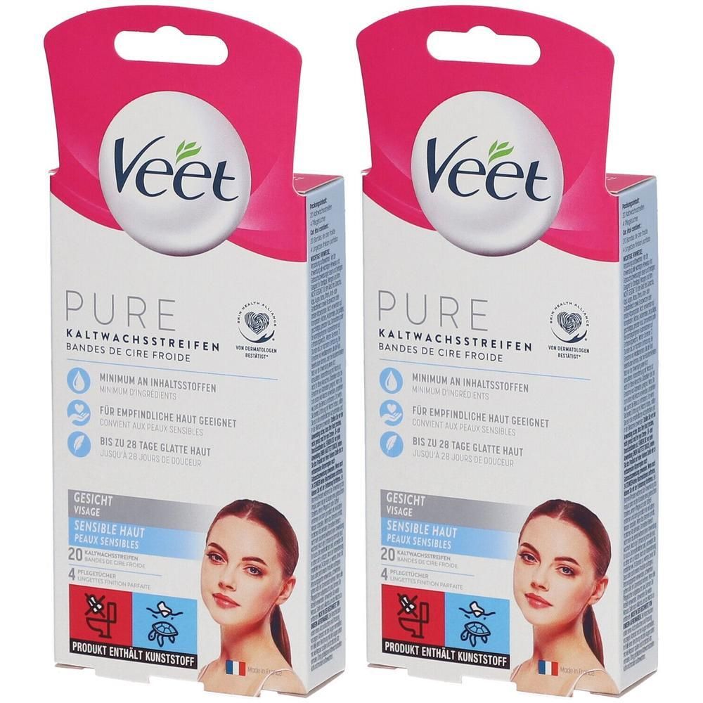 Zwei Packungen Veet Pure Kaltwachsstreifen für das Gesicht. Weiße Verpackung mit rosa Akzenten, Produktabbildung und Schriftzug.